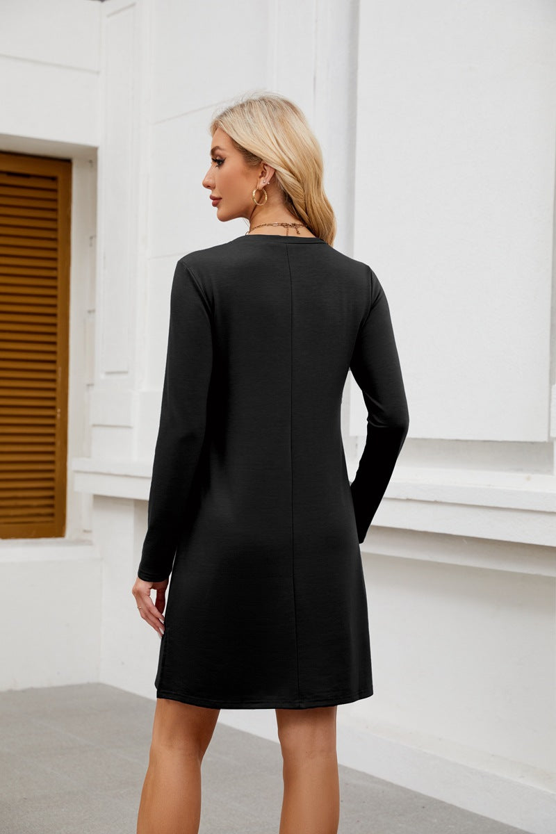 Crew Neck Long Sleeve Sweatshirt Dress with Split Hem