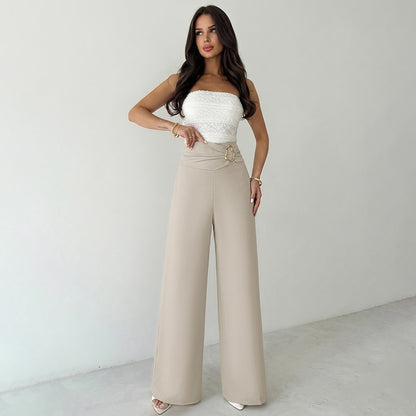 Solid High Waist Wide Leg Dress Pants Metal Buckle