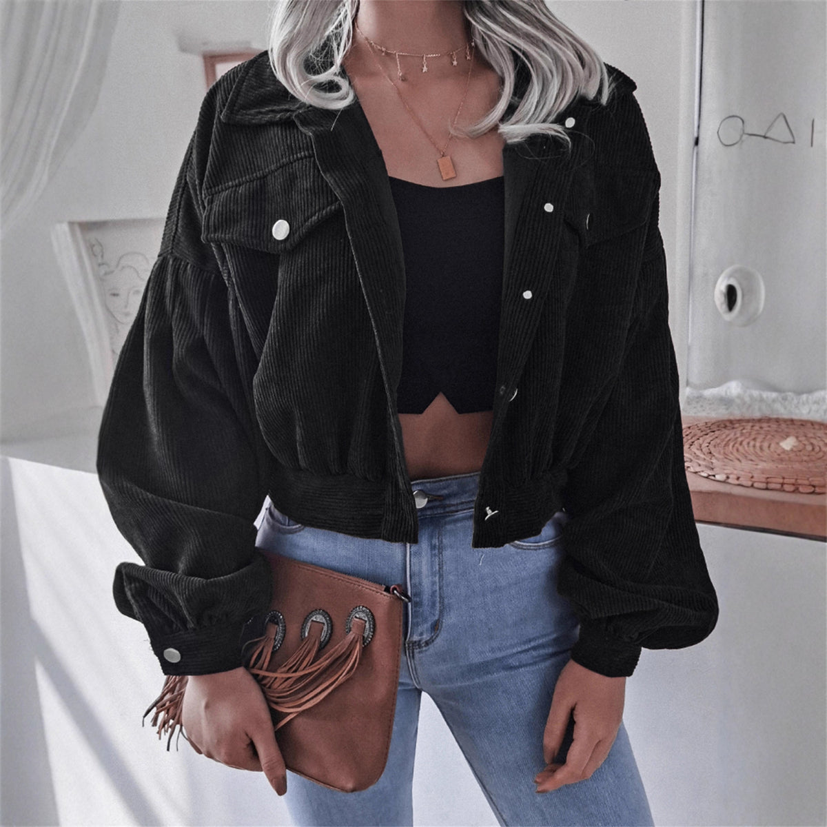 Womens Corduroy Cropped Jacket Balloon Sleeve Oversized