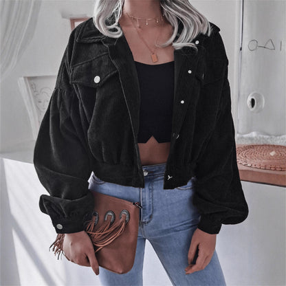 Womens Corduroy Cropped Jacket Balloon Sleeve Oversized