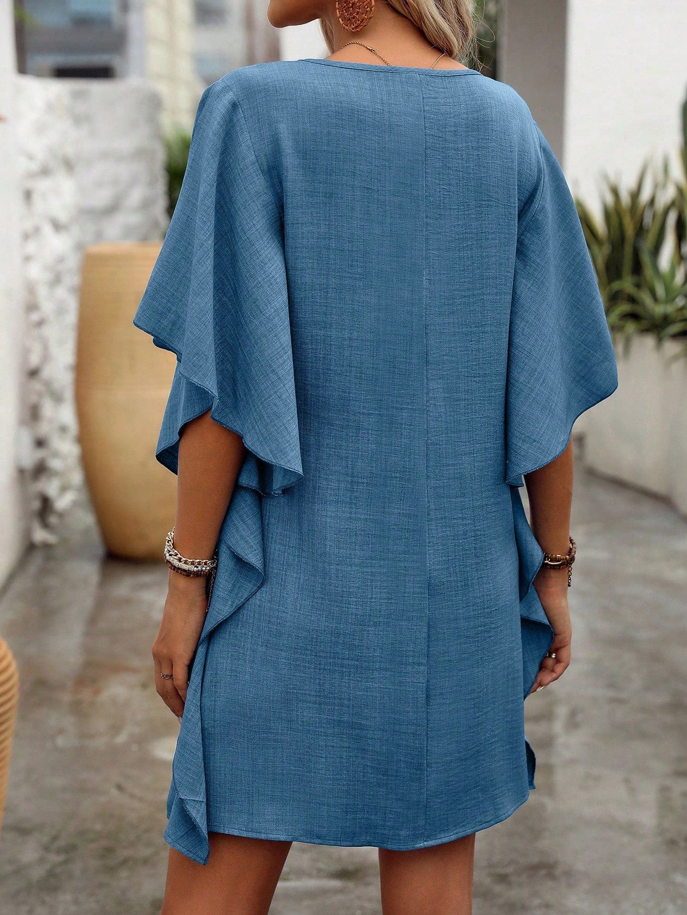 Flowy V-Neck Ruffle Sleeve Summer Dress Loose Fit
