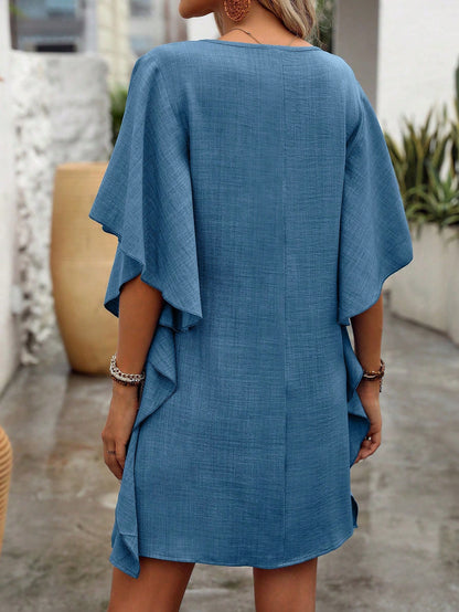 Flowy V-Neck Ruffle Sleeve Summer Dress Loose Fit