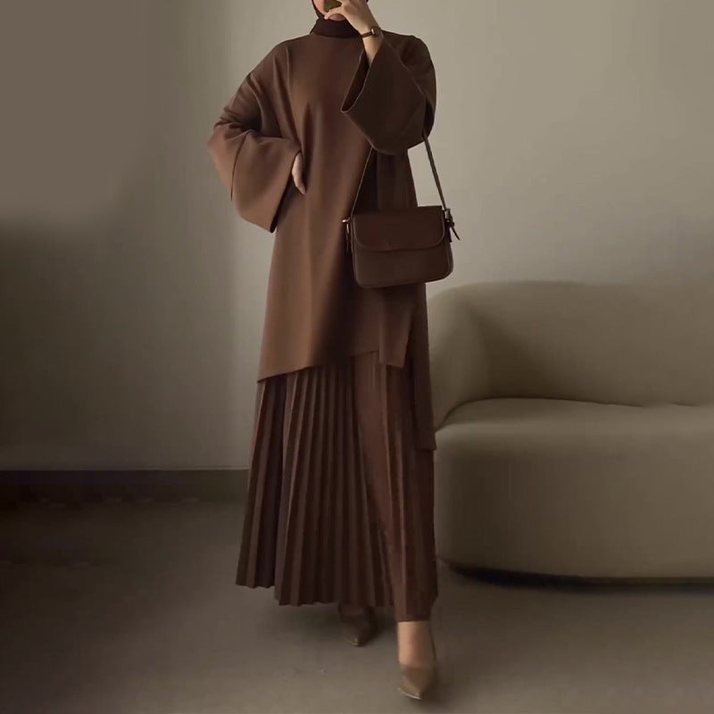 Women Oversized Sweatshirt Pleated Maxi Skirt Set