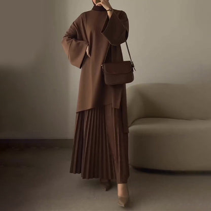 Women Oversized Sweatshirt Pleated Maxi Skirt Set