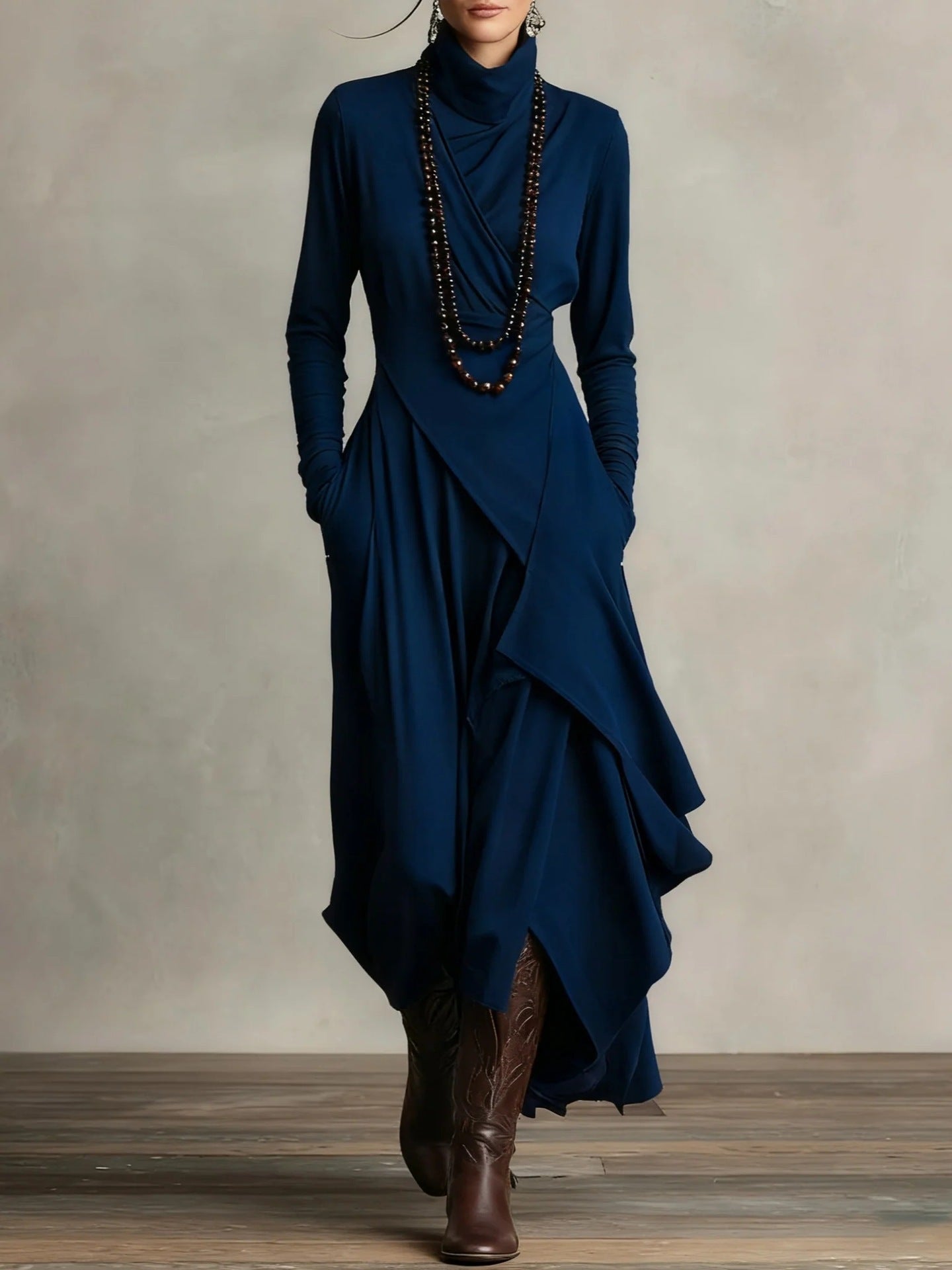Long Sleeve Mock Neck Knit Draped Maxi Dress