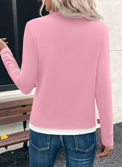 Color block layered look top split neck long sleeve