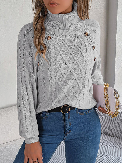 2025 Fall Winter Buttoned Cable Knit Turtleneck Sweater