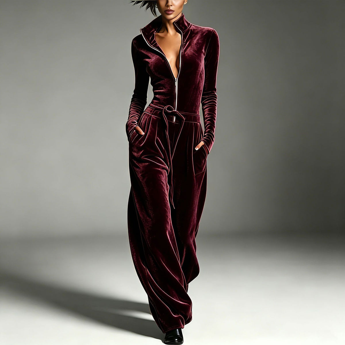 Women's Velvet Zip Front Drawstring Straight Leg Jumpsuit