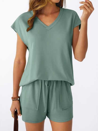 V Neck Casual Lounge Set Short Sleeve Top and Shorts