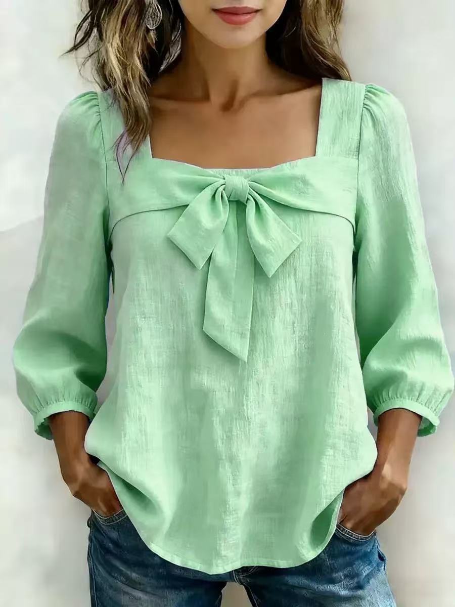 Women's Square Neck Bow Front Puff Sleeve Blouse