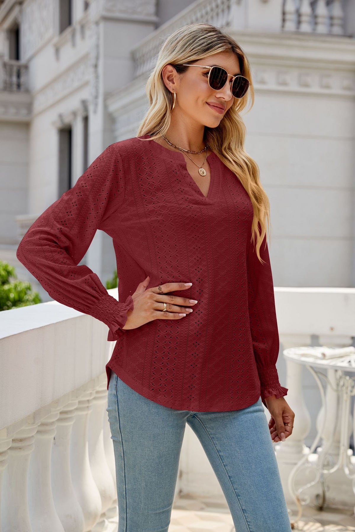 Women's Eyelet V-Neck Long Sleeve Ruffle Cuff Loose Blouse