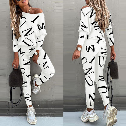 Women Off Shoulder Letter Print Lounge Set Two Piece