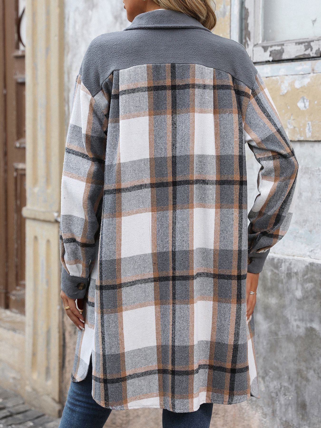 Plaid Shirt Jacket for Women - Long Button Front Coat