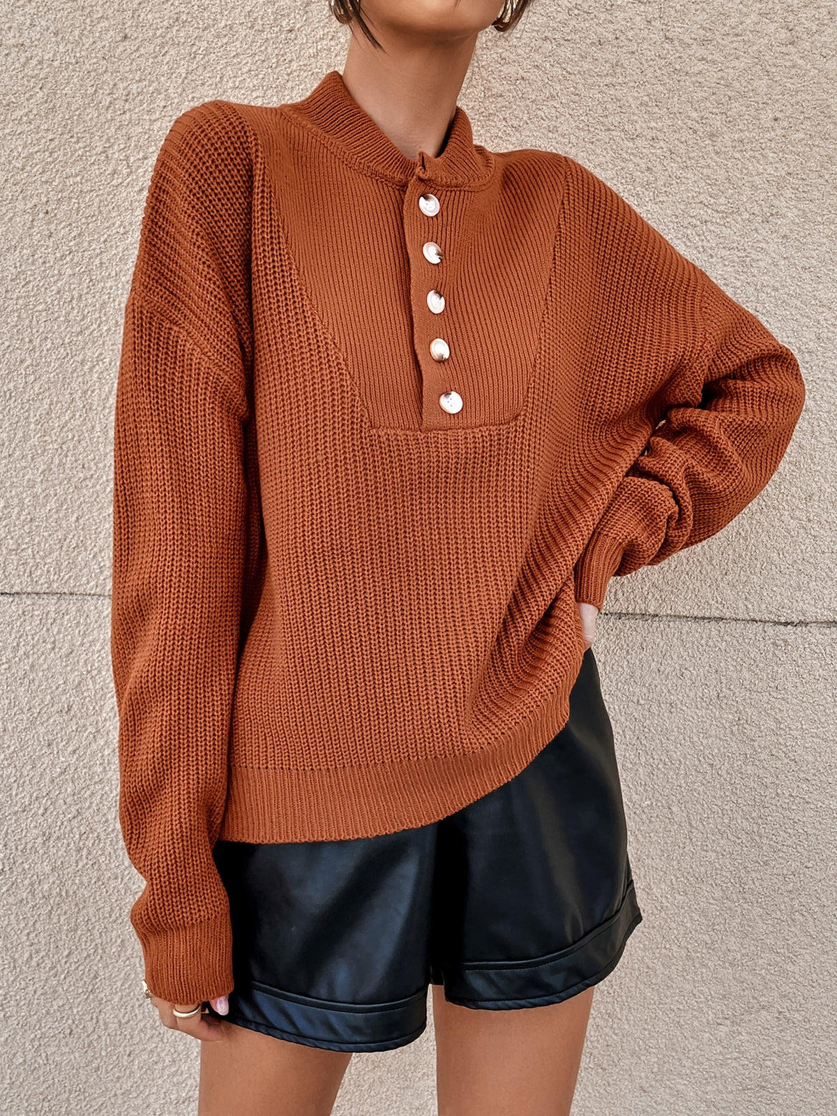 Women's Long Sleeve Polo Collar Button Knit Sweater