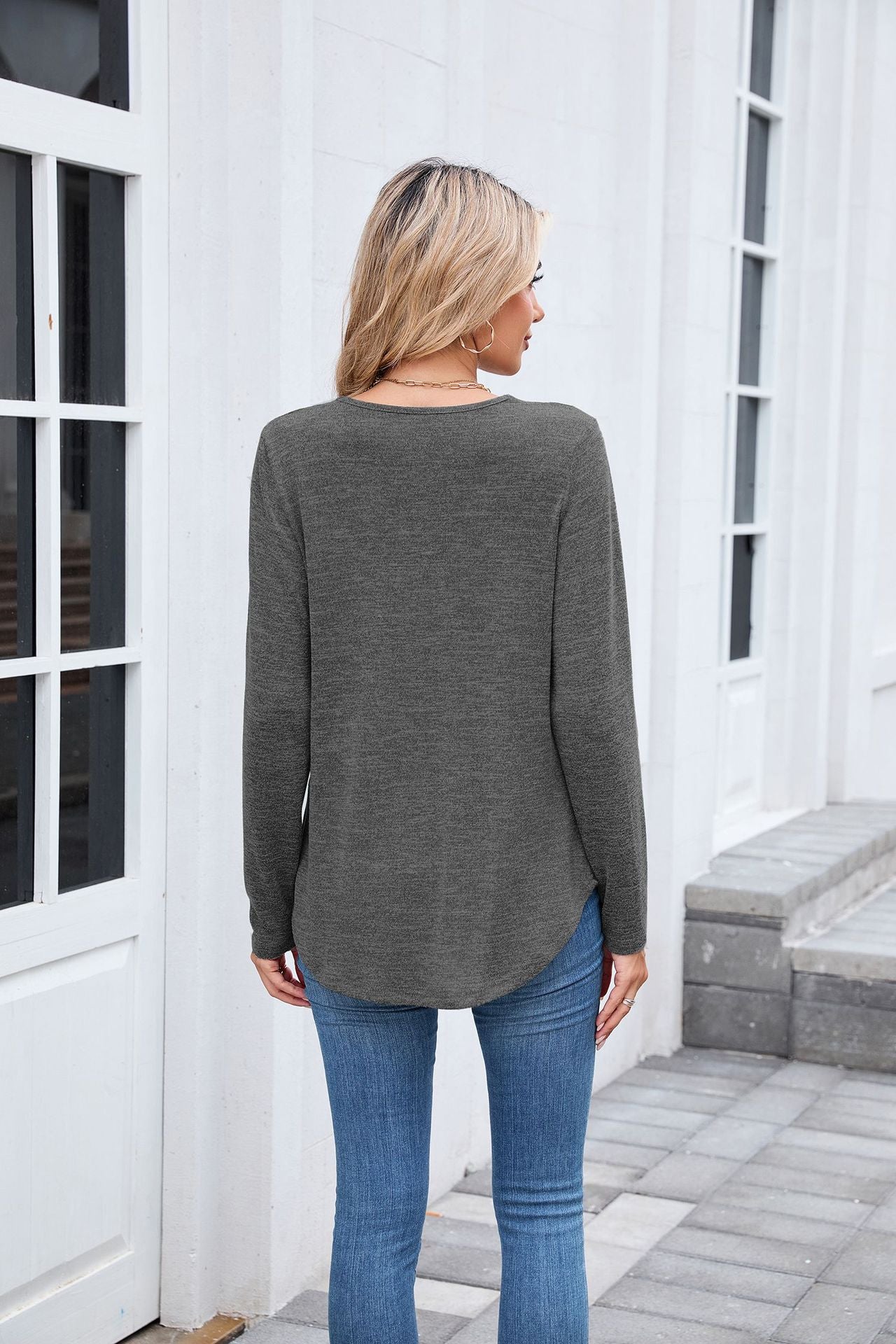 Women's Ruched V Neck Long Sleeve Loose Tunic Top