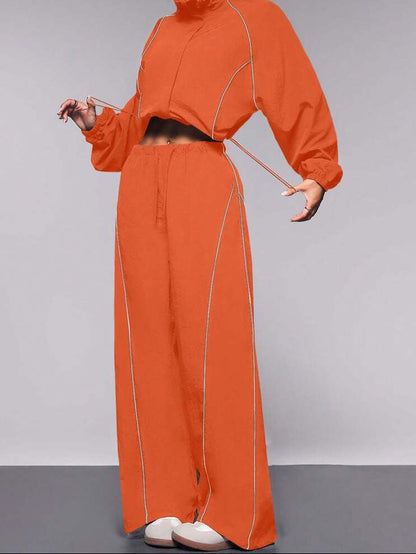 Women's Contrast Drawstring Two Piece Wide Leg Pants Set