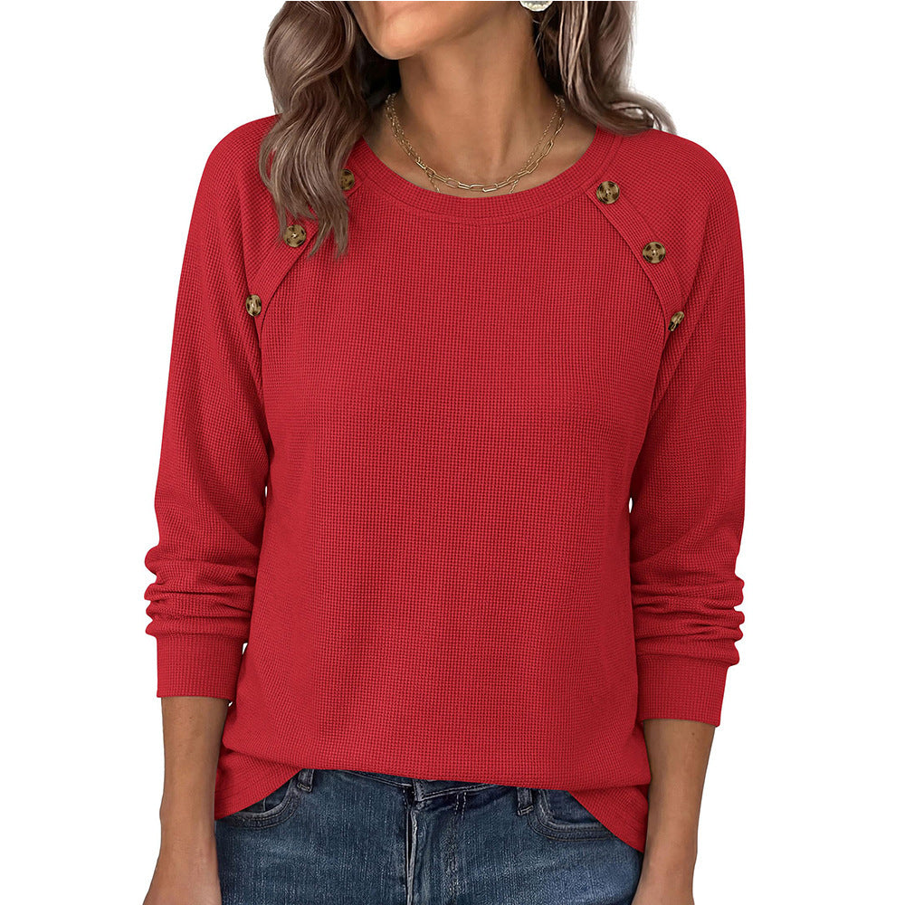 Waffle Knit Button Henley Top Crew Neck Long Sleeve Tee