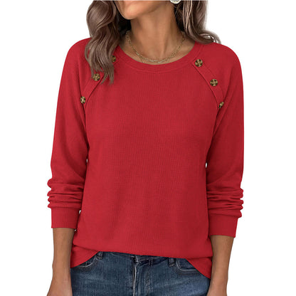 Waffle Knit Button Henley Top Crew Neck Long Sleeve Tee