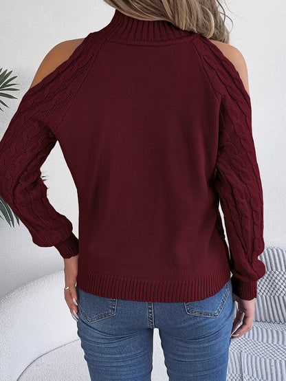 2025 Fall Winter Off-Shoulder Cable Knit Turtleneck Sweater