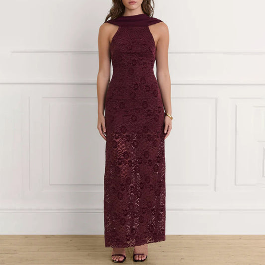 Burgundy Lace Halter Maxi Dress Bodycon