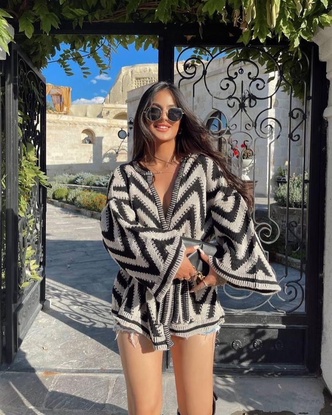 Women's Chevron Striped Belted Knit Cardigan Sweater