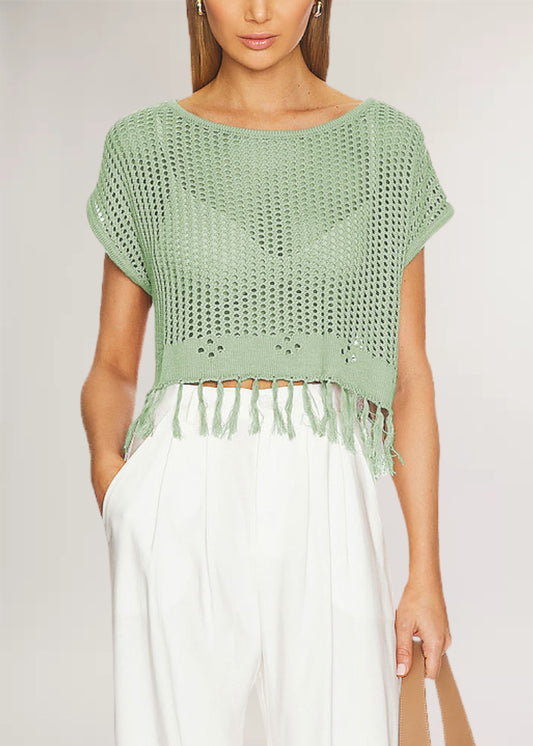 Fringe Knit Top Hollow Out Cropped Beach Cover Up