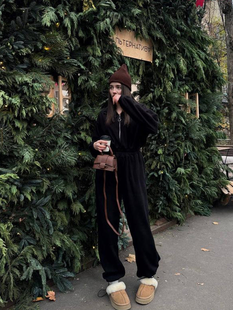 Zip Up Fleece Jumpsuit with Elastic Waist