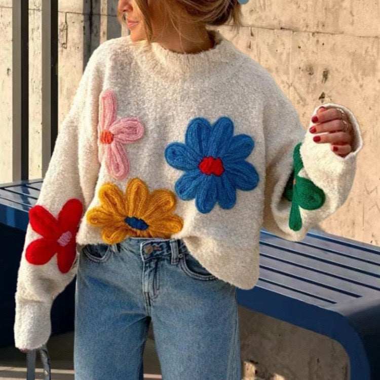 Women's Oversized Floral Embroidered Mock Neck Sweater