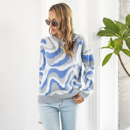 Women's Oversized Abstract Wave Crew Neck Sweater