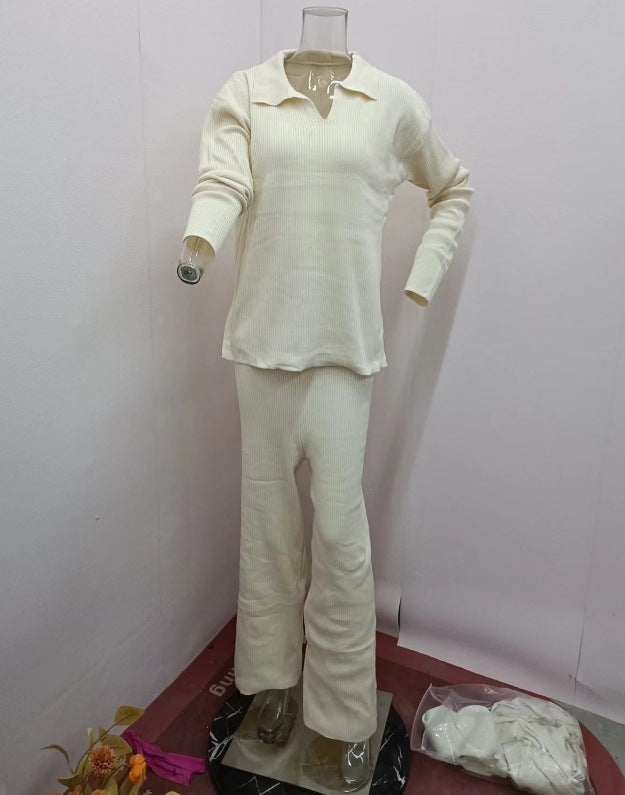 Ribbed Knit Side Slit Lounge Set Wide Leg Pants