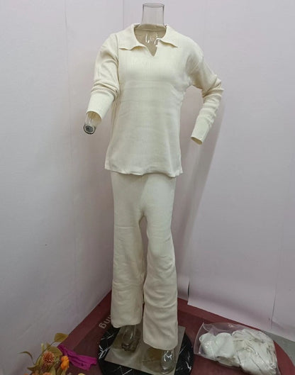 Ribbed Knit Side Slit Lounge Set Wide Leg Pants