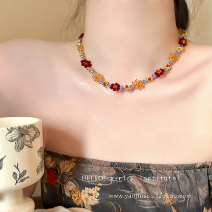 Boho Vintage Handmade Beaded Flower Necklace Bracelet Set