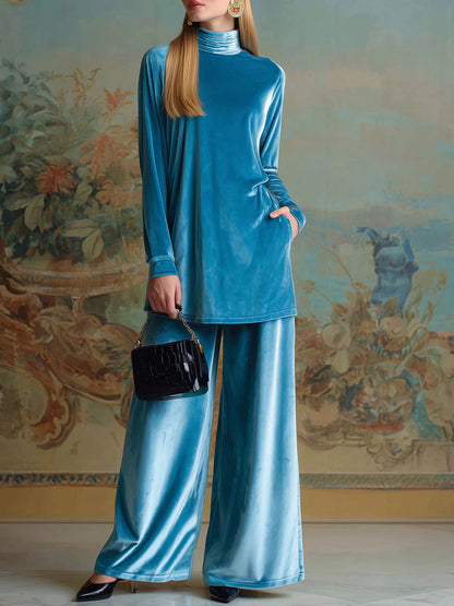 Velvet Turtleneck Split Hem Wide Leg Pants Two Piece Set