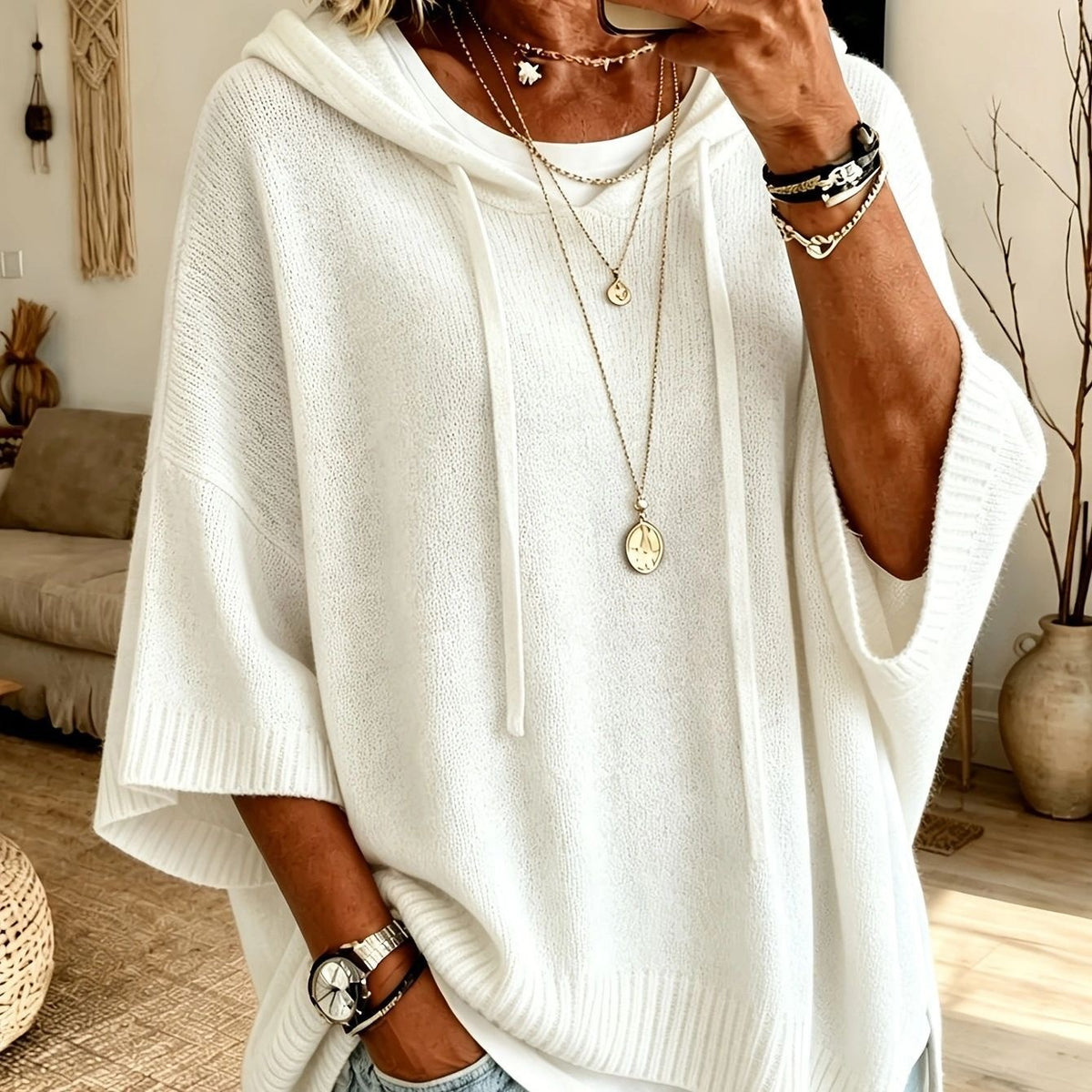 Oversized Hooded Knit Sweater Drawstring Batwing Slit