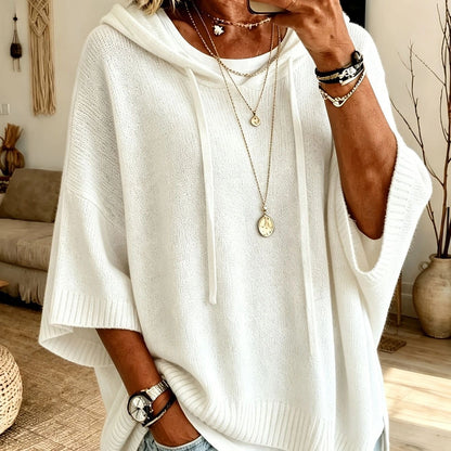 Oversized Hooded Knit Sweater Drawstring Batwing Slit