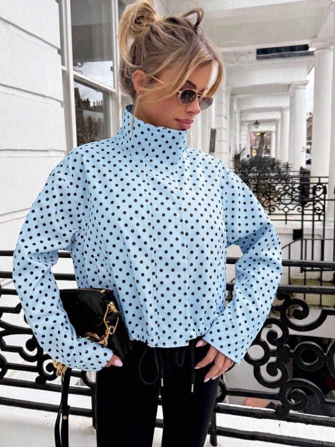 Polka Dot Zip Jacket Stand Collar Pocket Loose Coat