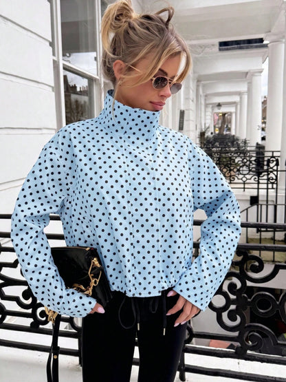 Polka Dot Zip Jacket Stand Collar Pocket Loose Coat