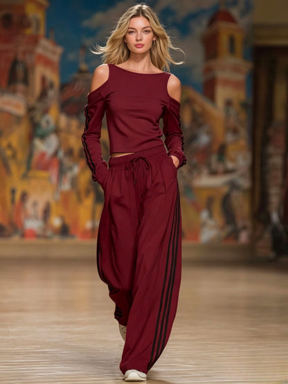 Women Cold Shoulder Top & Wide Leg Pants Lounge Set