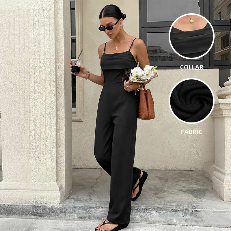 Black Lace Sheer Spaghetti Strap Wide Leg Jumpsuit