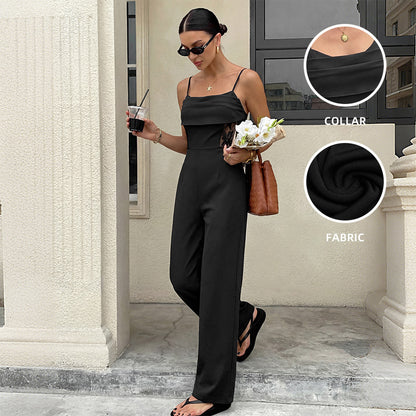 Black Lace Sheer Spaghetti Strap Wide Leg Jumpsuit