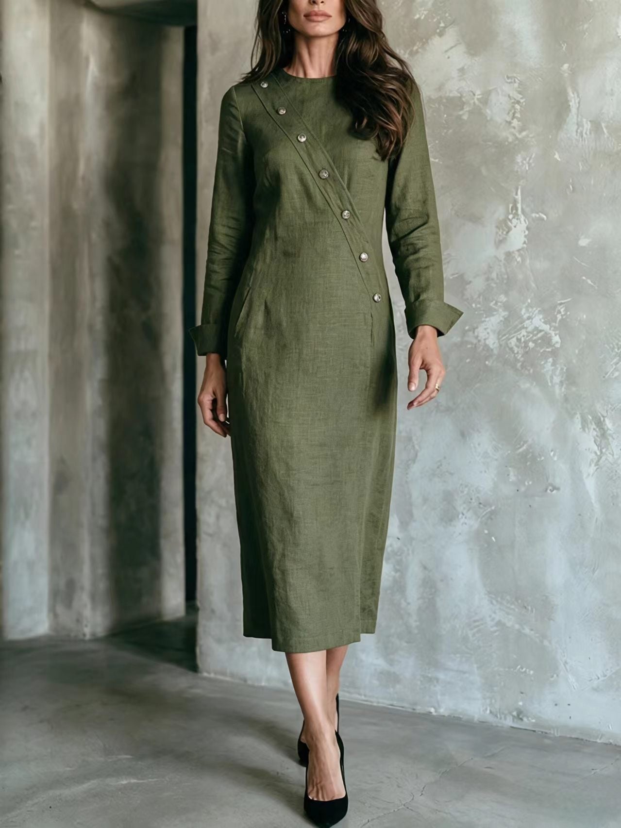 Women's Elegant Asymmetric Button Long Sleeve Midi Dress