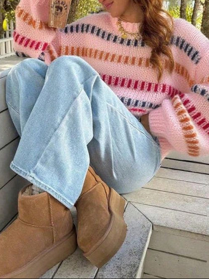 Oversized Chunky Knit Color Block Batwing Sweater