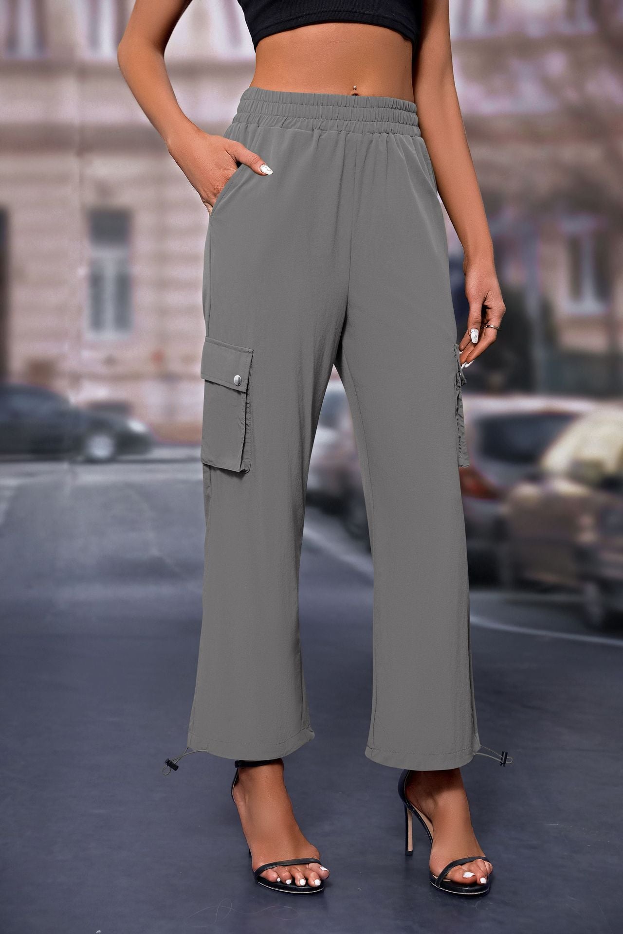 Women's High-Waisted Drawstring Cargo Pants, Baggy Parachute Utility Trousers