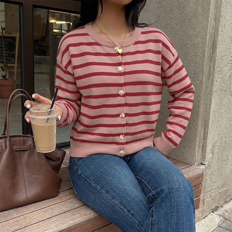 Striped Knit Cardigan Button Front Christmas Sweater