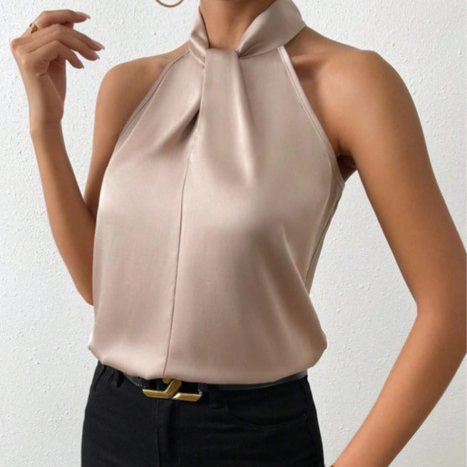 Women Satin Halter Top Sleeveless Elegant Blouse