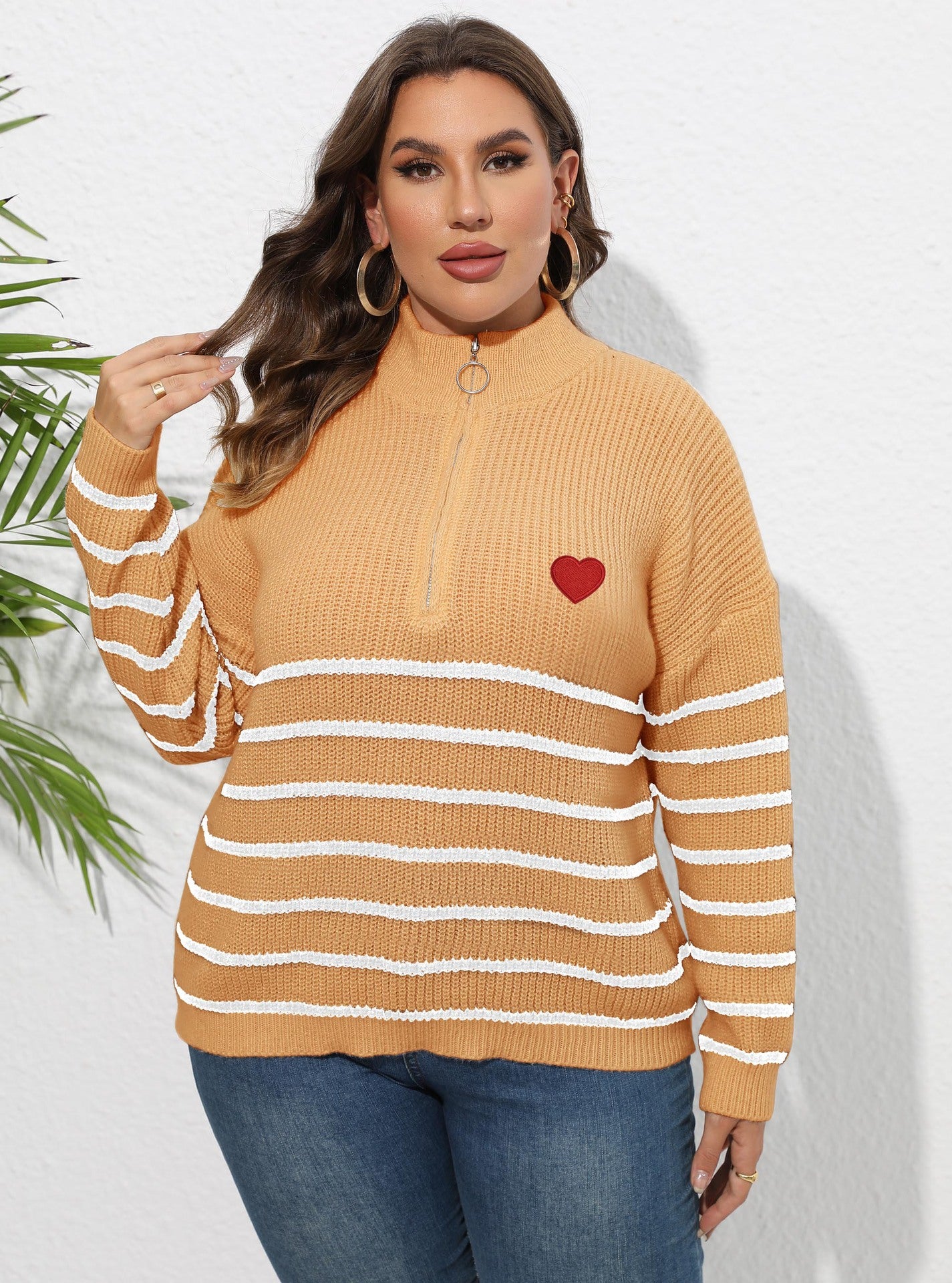 Women's Striped Splicing Love Zipper Pullover Sweater