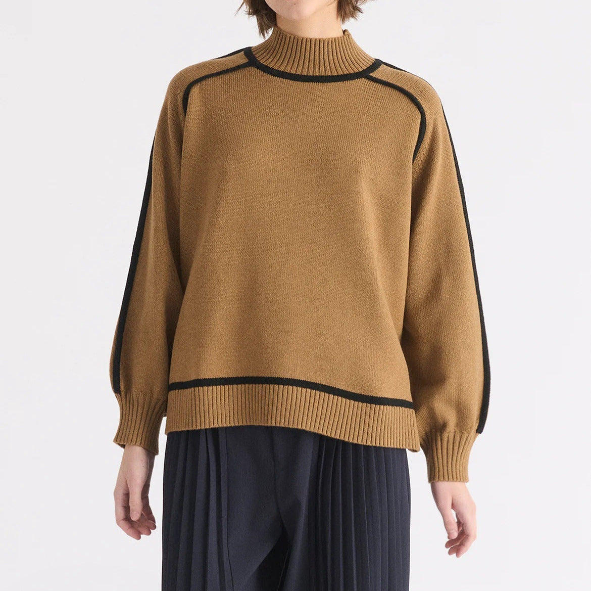 Women's Mock Neck Contrast Trim Oversized Sweater