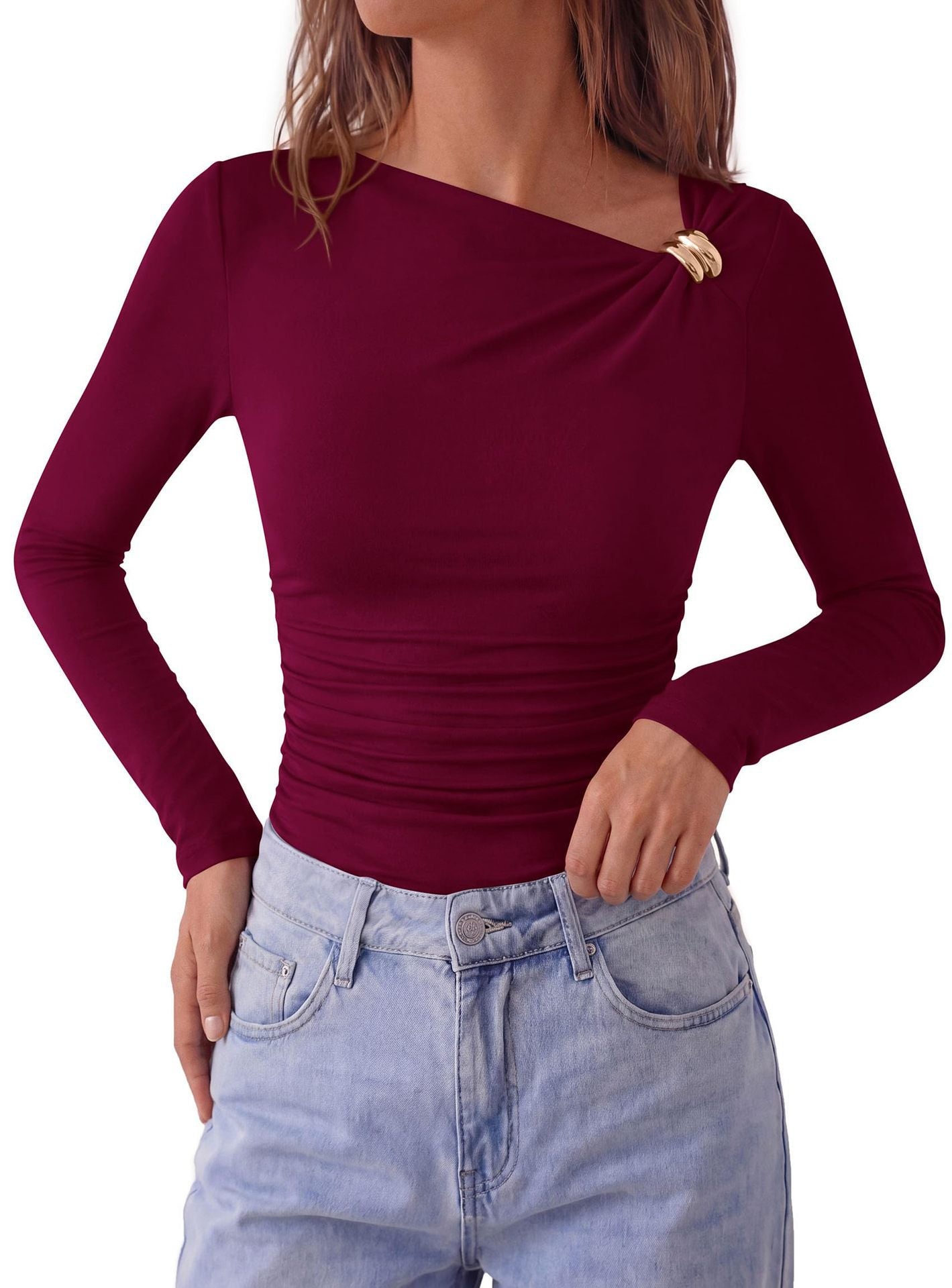 Y2K Asymmetrical Ruched Long Sleeve Slim Fit Going Out Top