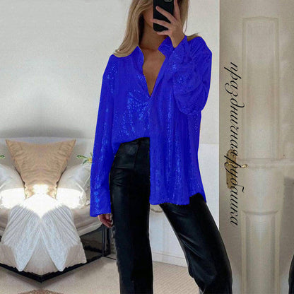 Sequin Collared Long Sleeve Button Down Blouse