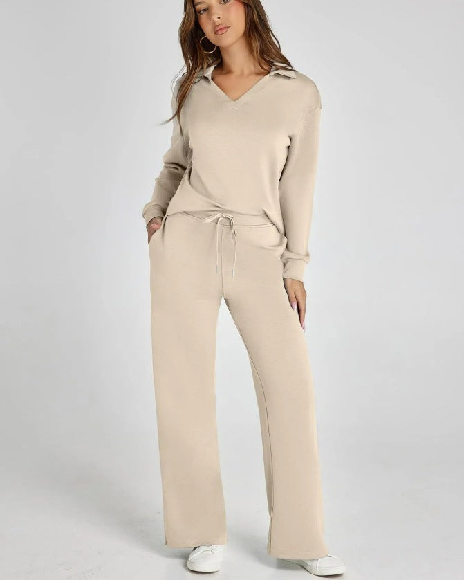 Women’s V Neck Two Piece Set Wide Leg Pants Outfit